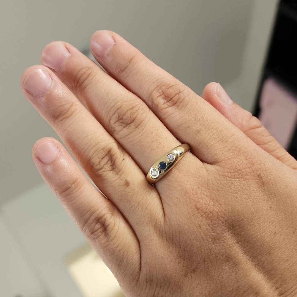 Sapphire and diamond gypsy ring, size 9, 14k